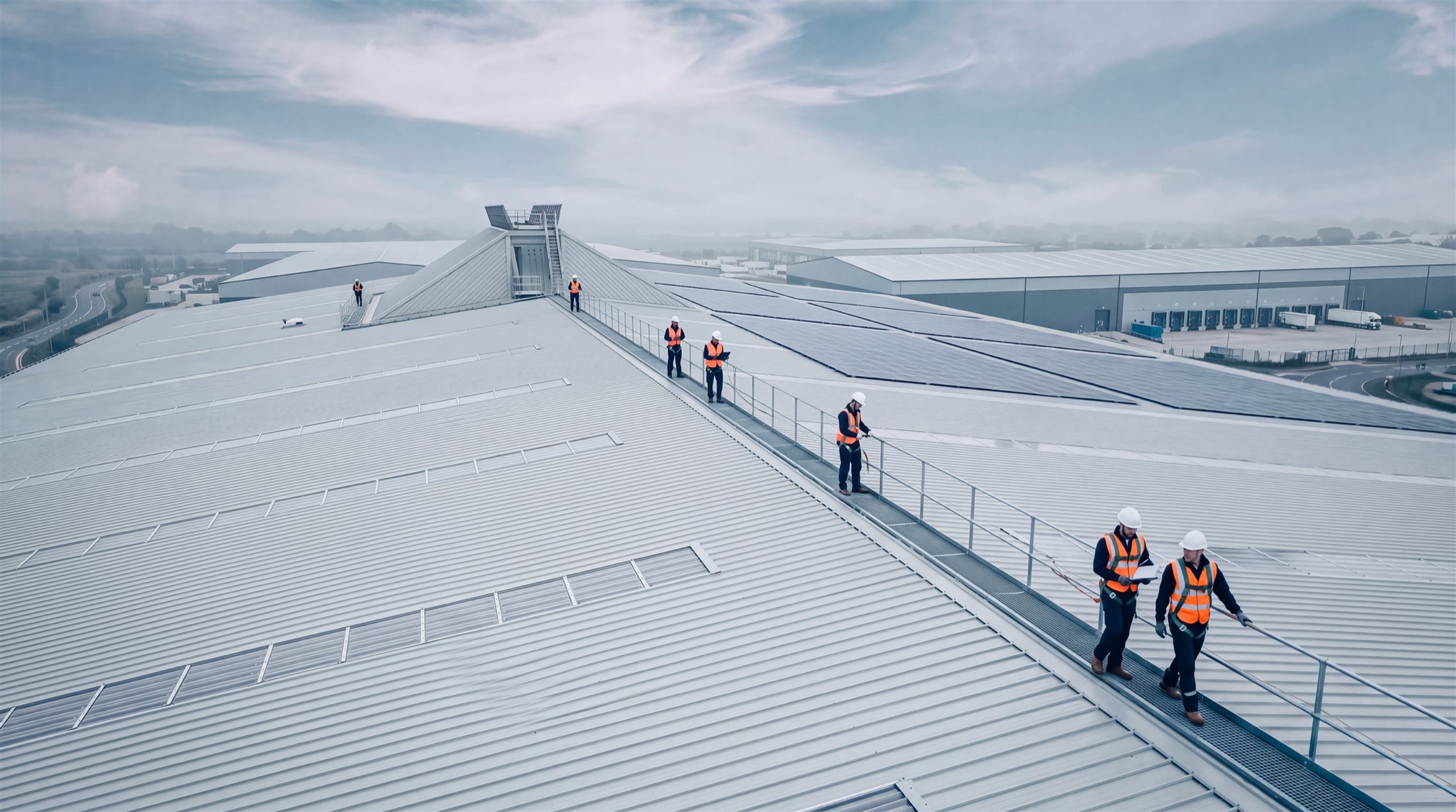 Engineers inspecting a warehouse roof