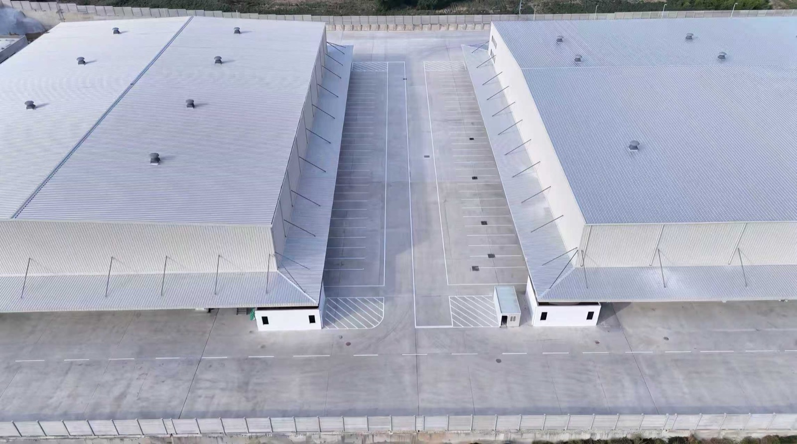 Aerial view of twin ready-built warehouse buildings